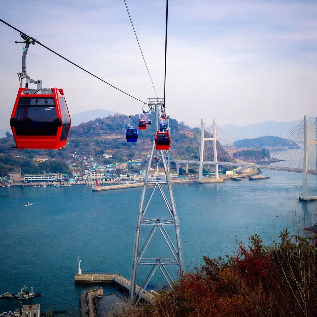 A cable car system with gondolas over a body of water, a bridge, and a hilly landscape in the background.