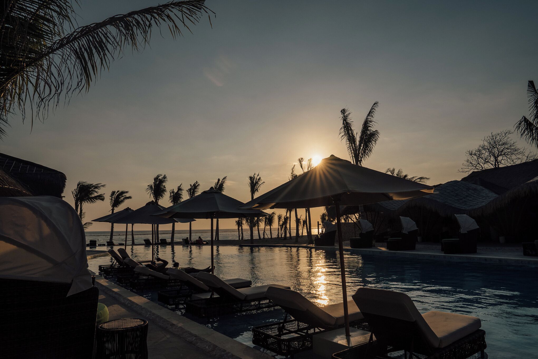 A poolside area with lounge chairs and umbrellas, palm trees, and a sunset in the background.