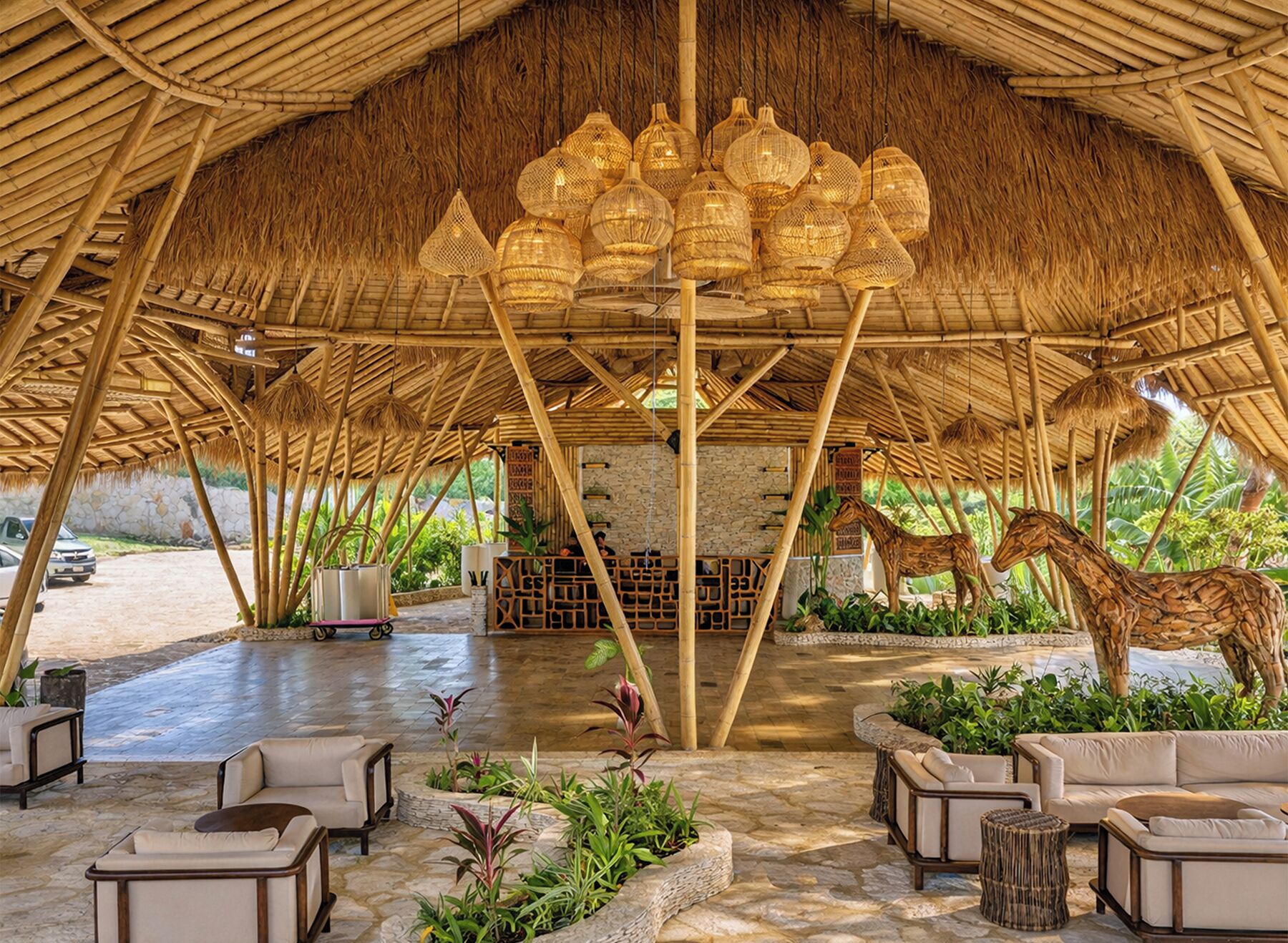 An open-air lounge with a thatched roof, wicker furniture, and a central seating area with a view of the outdoors.