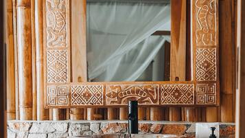 Shower, rainfall showerhead, hair dryer, slippers