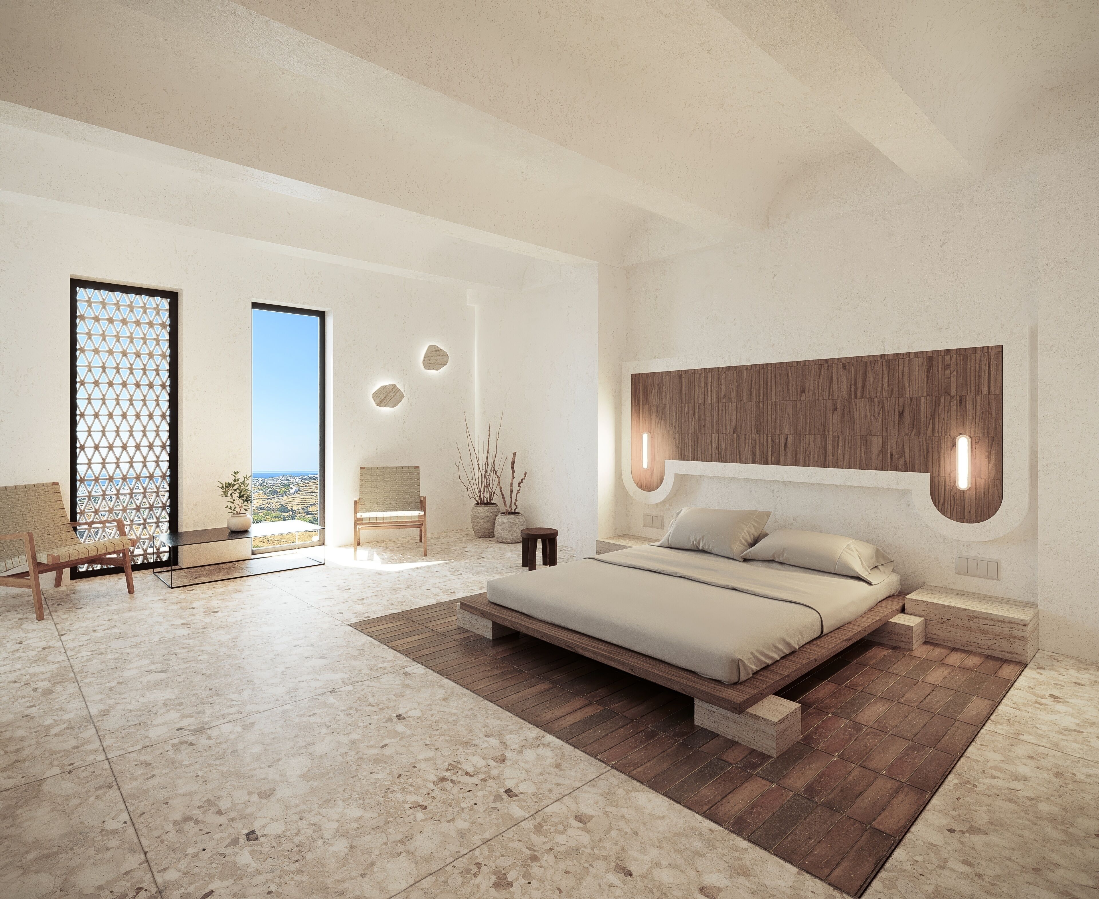 Une chambre moderne avec un grand lit, une tête de lit en bois, un coin salon avec un banc et une vue sur le paysage par une grande fenêtre.