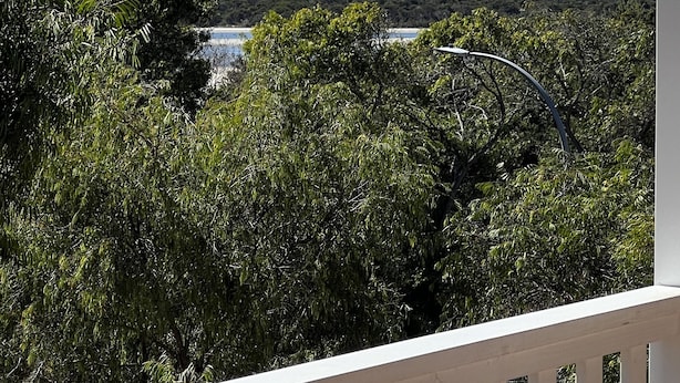 Un balcon avec vue sur une plage et des collines.