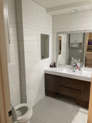 Douche, sèche-cheveux, serviettes fournies, savon