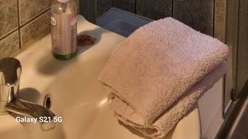 Regadera, secadora de cabello, toallas, jabón