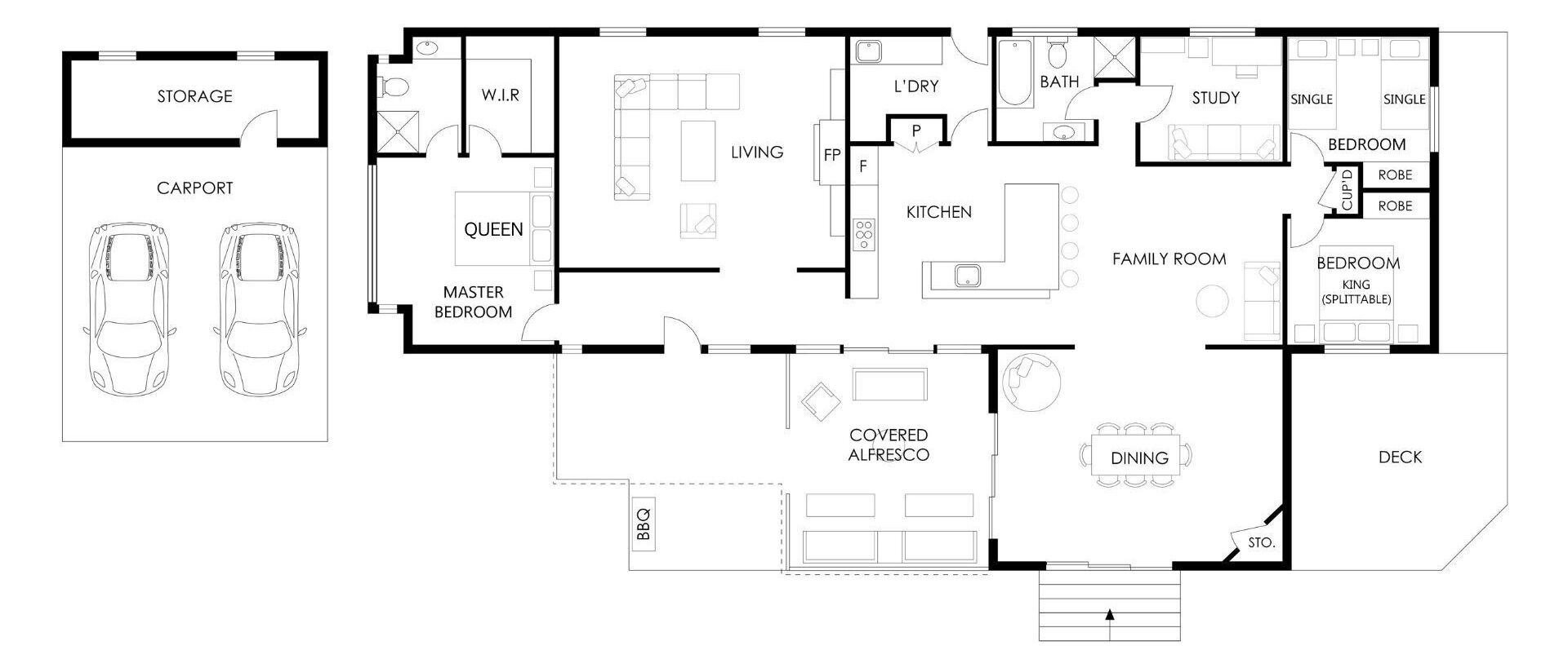 A floor plan of a house with a carport, storage, living room, kitchen, dining area, covered alfresco, bedrooms, and a deck.