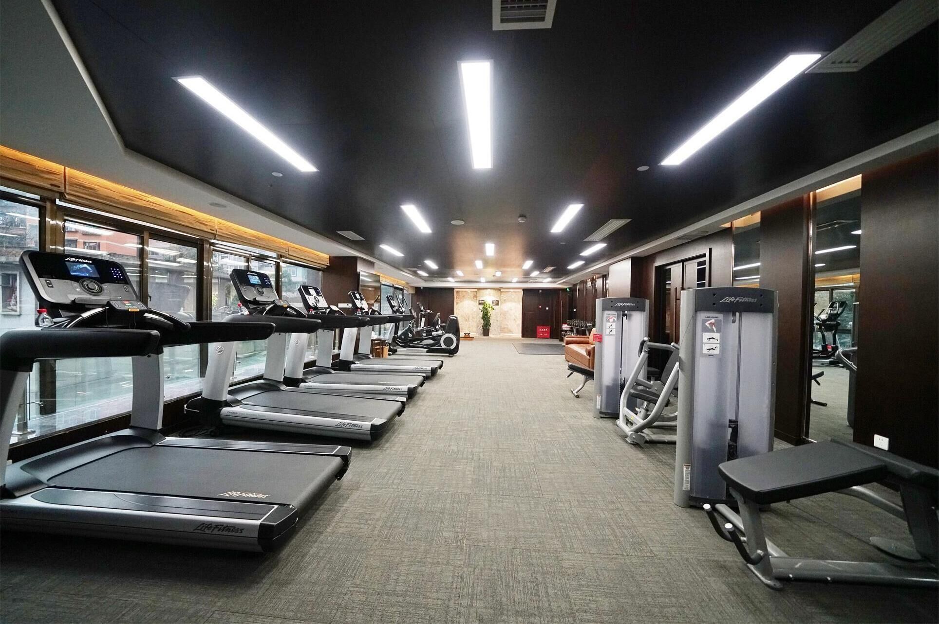 A gym with treadmills, ellipticals, and weight machines.