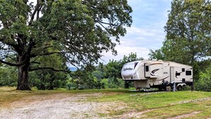 A recreational vehicle (RV) parked in a grassy area with a large tree nearby. - RV Site #12 Ouachita Campground at Edendell (Oden)