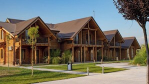 A log cabin-style building with multiple rooms, a covered patio, and a well-maintained lawn. - GOLDEN FISH GROUP (Urtasaray)