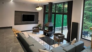 Un saló modern amb un sofà modular, una televisió de pantalla plana, una llar de foc i grans finestres que donen a una zona verda.