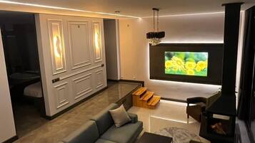 Télévision de 65 pouces avec chaînes par satellite, cheminée, Netflix