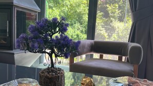 Habitació amb taula de vidre que mostra aperitius, un bonsai i vistes a la vegetació a través de grans finestres.
