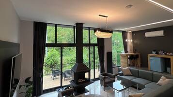 65-inch TV with satellite channels, fireplace, Netflix