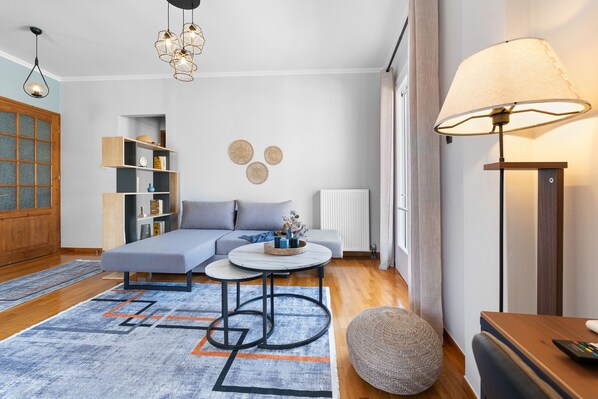 Smart TV, fireplace, books