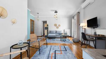 Smart TV, fireplace, books