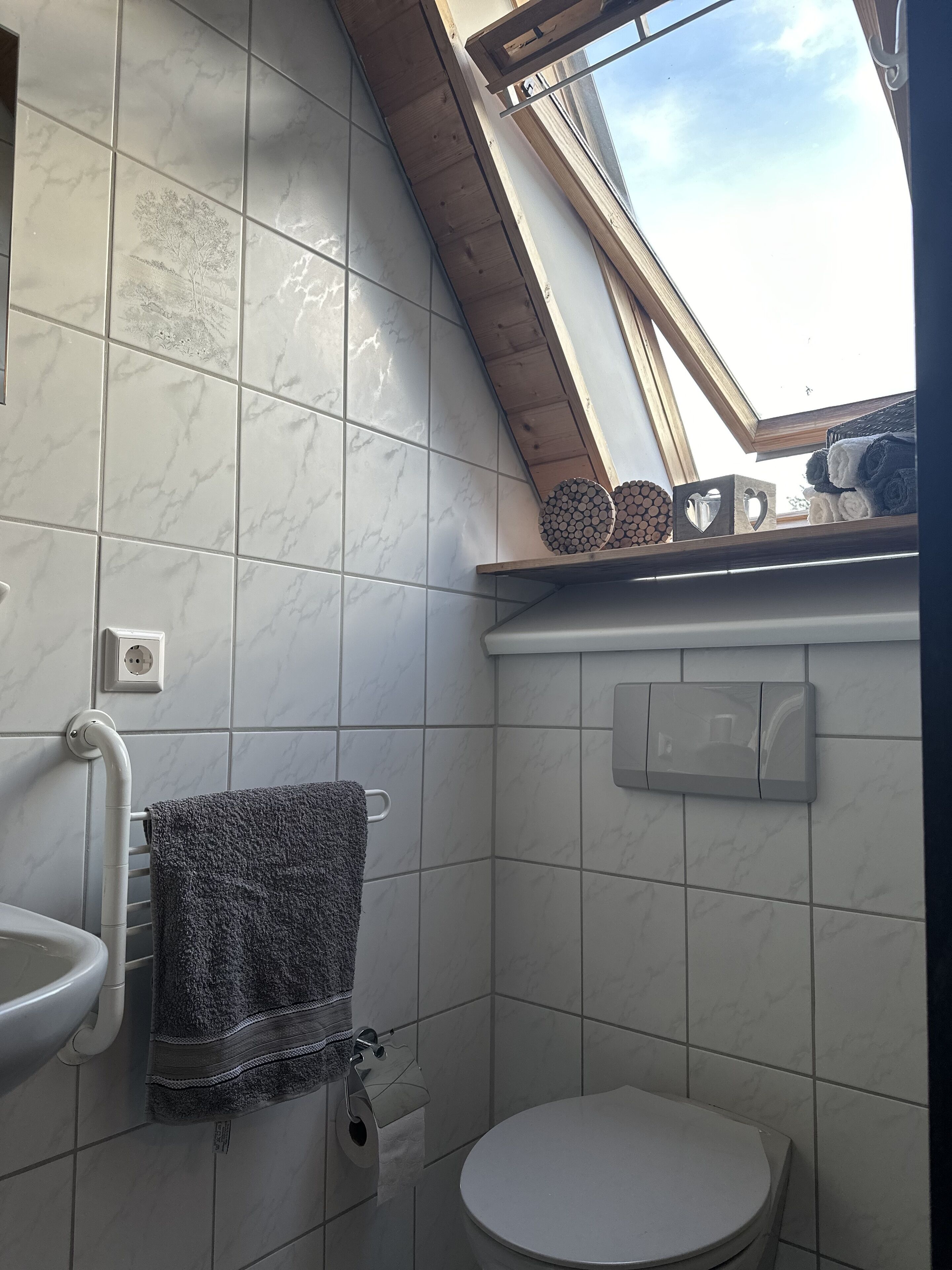 Ein Badezimmer mit Dachfenster, einem Handtuchhalter mit Handtuch, einer Toilette und einem Regal mit Handtüchern und Dekoration.