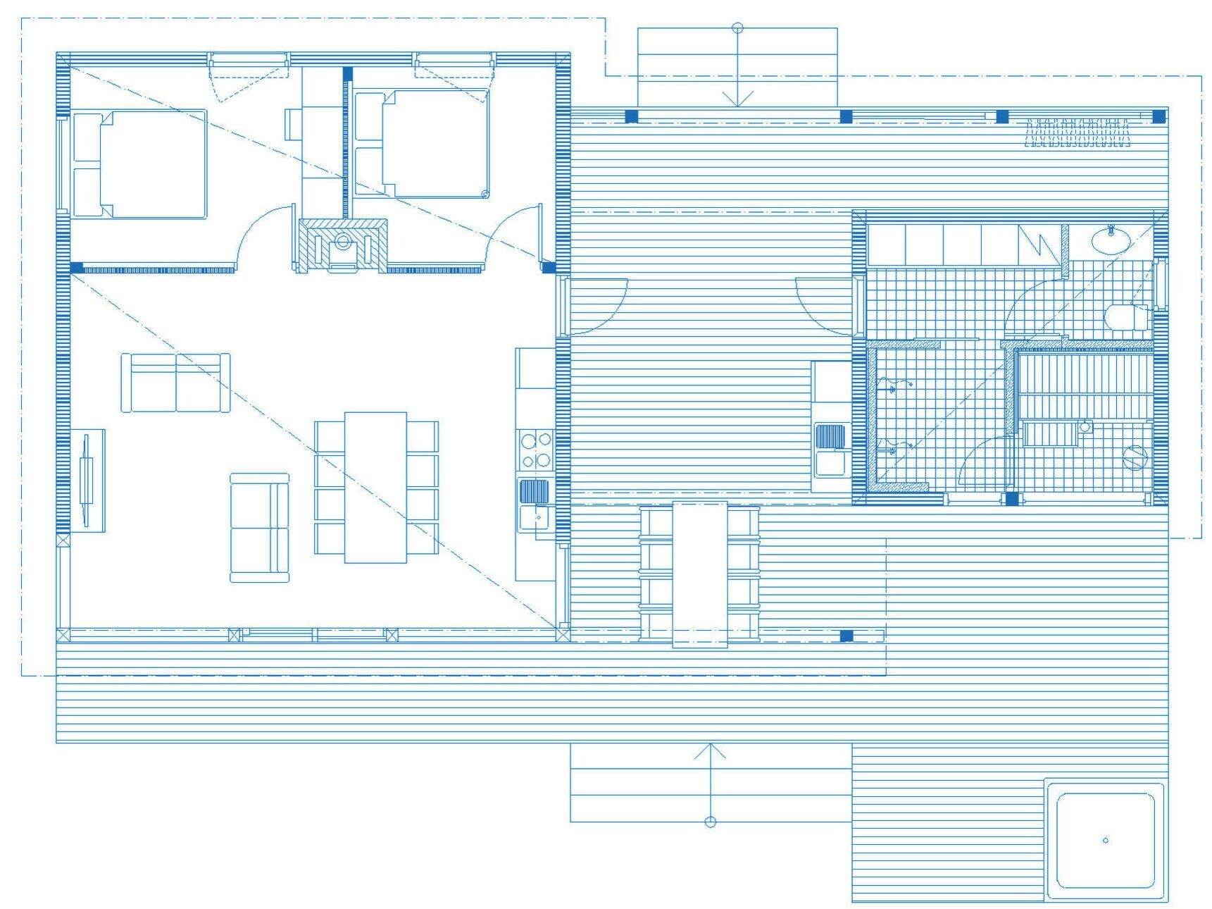 A floor plan with multiple rooms, including a kitchen, dining area, and bedrooms.