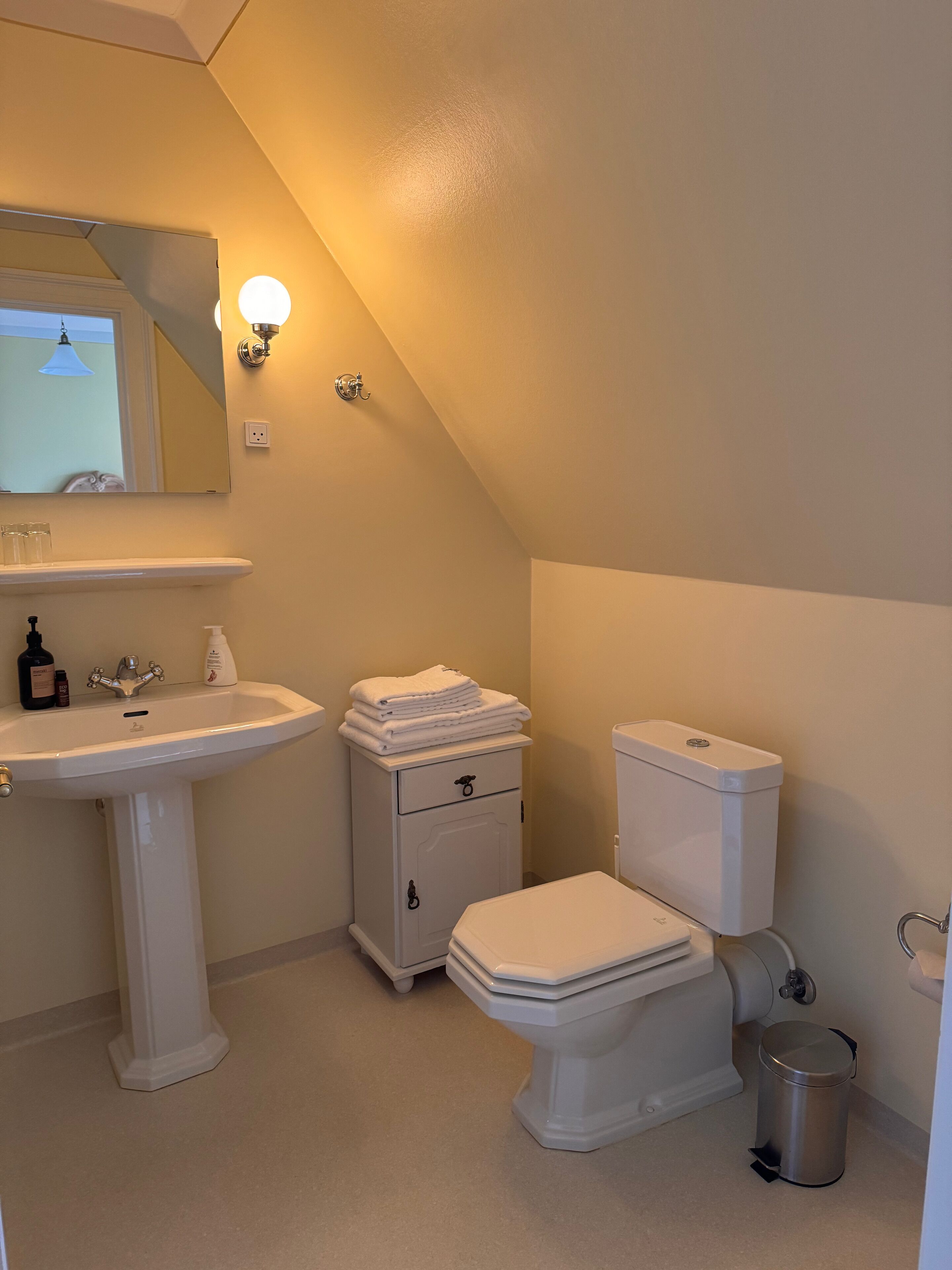 Un baño con lavamanos pedestal, inodoro, un pequeño armario y un cubo de basura.