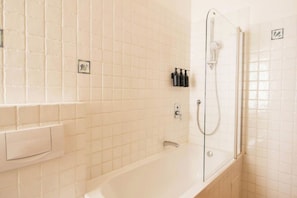 Hair dryer, towels, soap, toilet paper