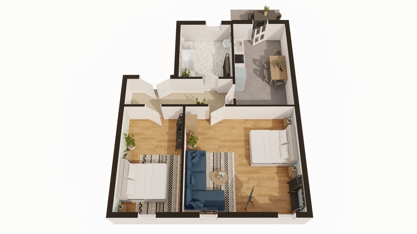 A 2-bedroom apartment layout with a living room, kitchen, and separate bedrooms.