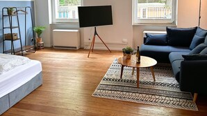 Een moderne woonkamer met een bed, een televisie op een statief, een bank, een bijzettafeltje met een fles en een tapijt met een patroon.