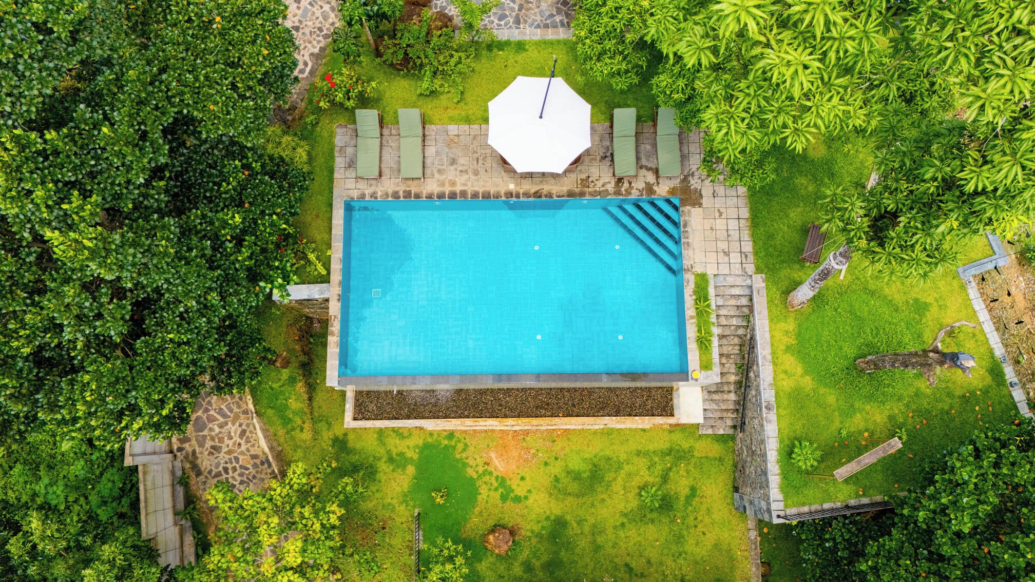 An aerial view of a rectangular swimming pool surrounded by lush greenery and stone pathways.
