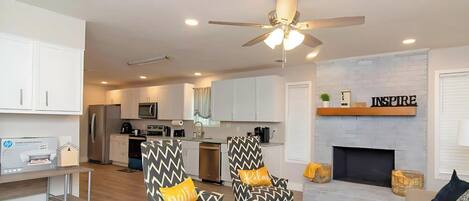 Smart TV, fireplace, offices, computer monitors