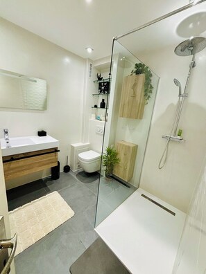 Shower, eco-friendly toiletries, hair dryer, towels