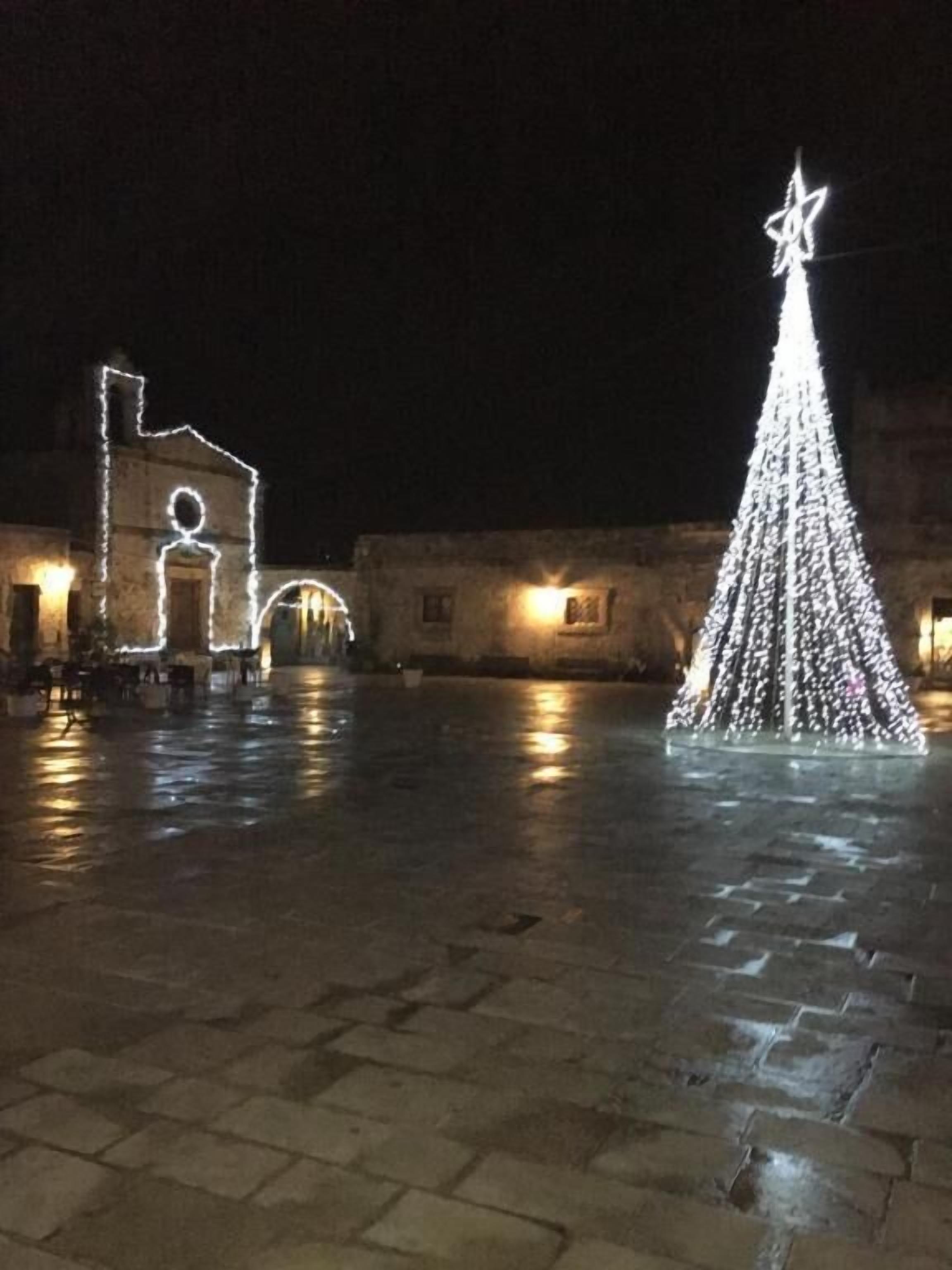 A plaza with a large, illuminated Christmas tree and a historic building with a circular window.