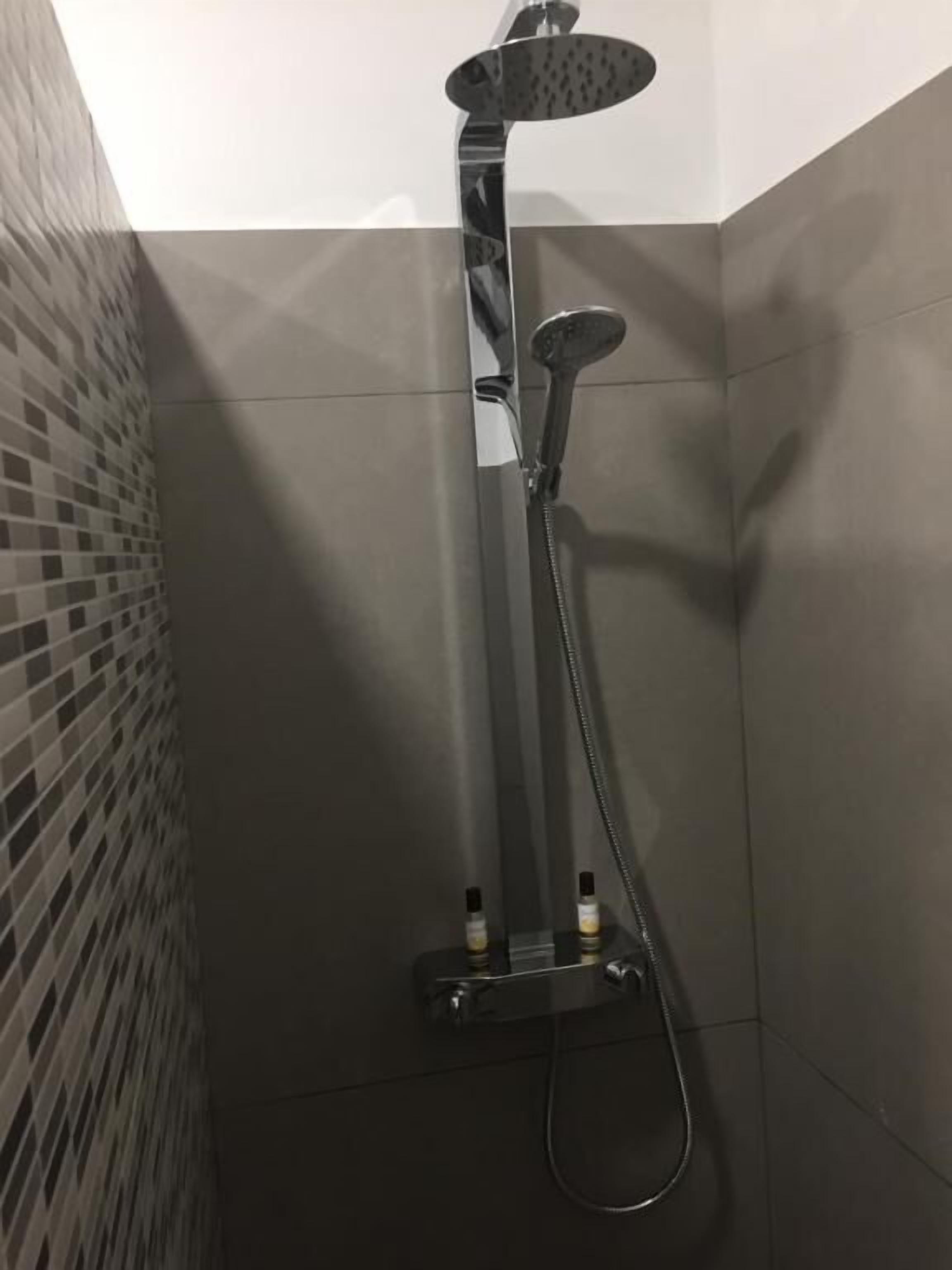 Een douche met een handdouche en een handbedienbare kraan.