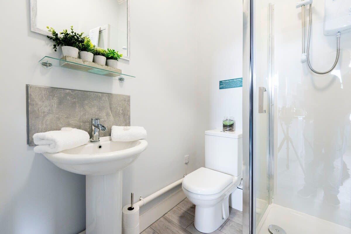 Shower, hair dryer, towels