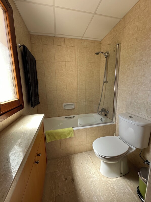 Une salle de bain avec une baignoire, des toilettes et une douche.