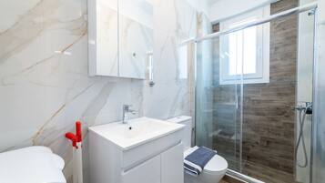 Shower, hair dryer, towels