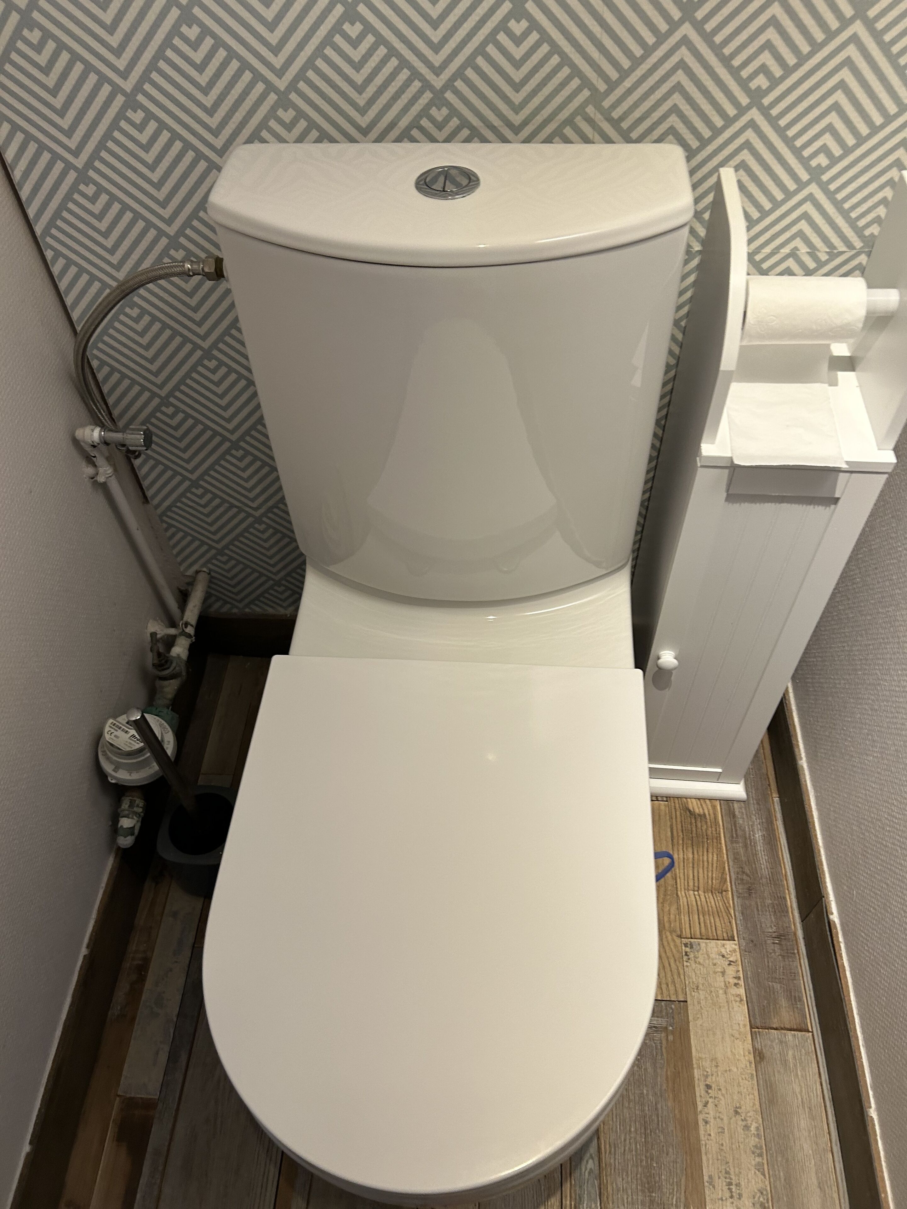 Eine weiße Toilette mit Tank und Sitz, einem Toilettenpapierhalter und einem sichtbaren Abwasserrohr.
