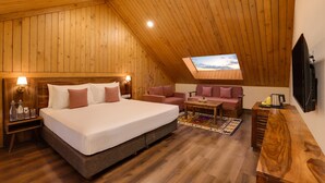 Une chambre confortable avec un grand lit, un plafond en bois, une télévision et un canapé.