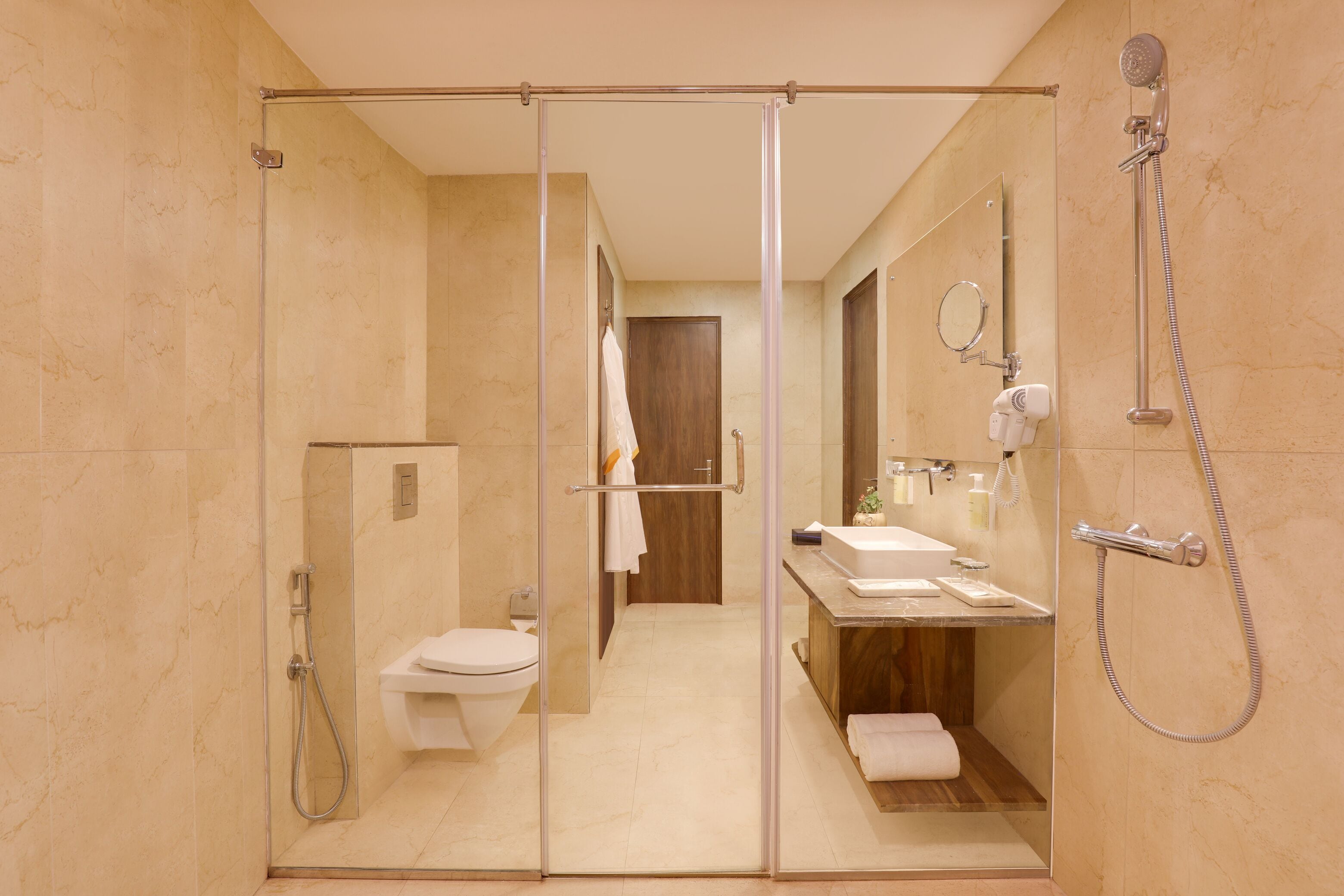 A modern bathroom with a glass shower enclosure, a toilet, a sink, and a mirror.