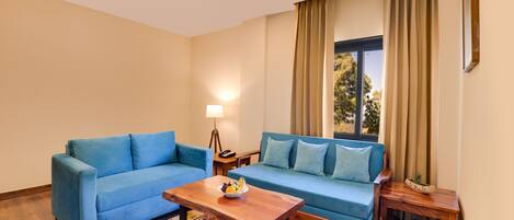 A room with two blue sofas, a wooden coffee table, a patterned rug, a lamp, and a window with curtains.