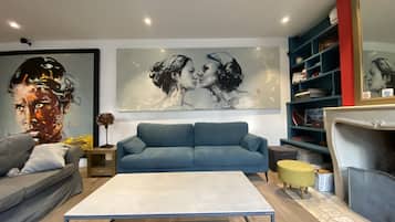 TV, fireplace, DVD player, books