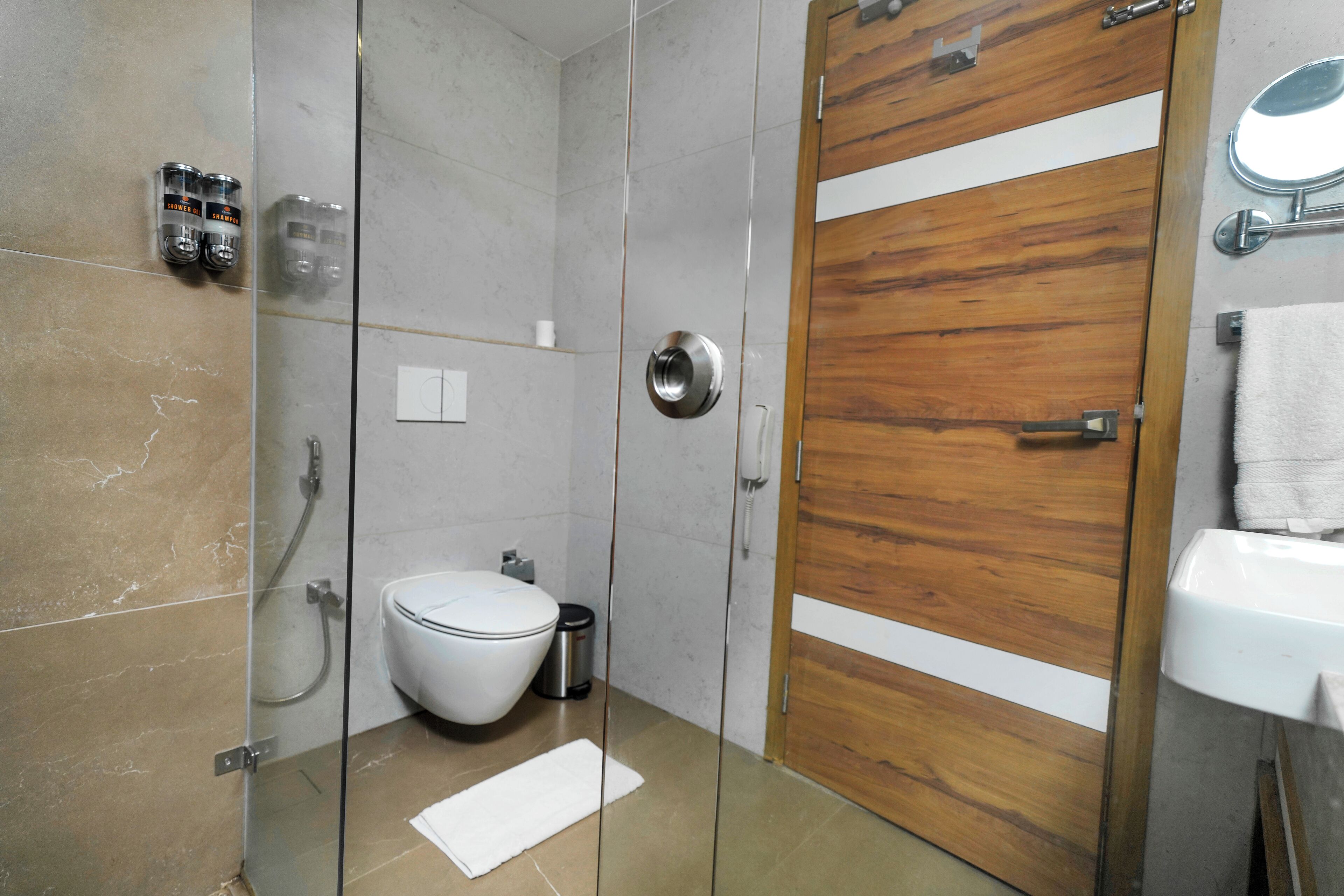 A modern bathroom with a glass shower enclosure, a wooden door, a white sink, and a toilet.