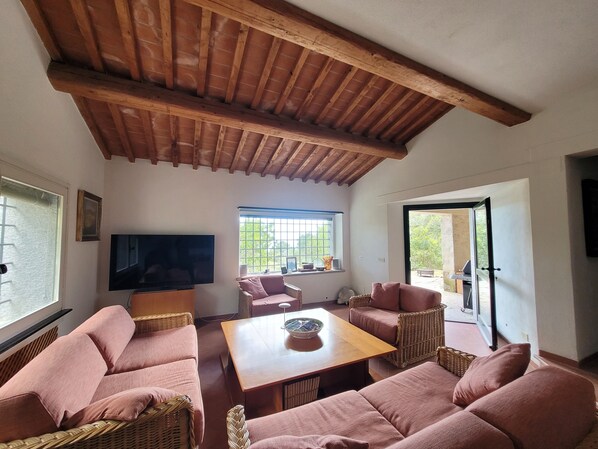 Smart TV, fireplace, books, stereo