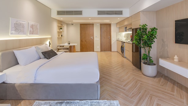 Une chambre d’hôtel moderne avec un grand lit, un petit bureau, un lave-linge et une plante en pot.