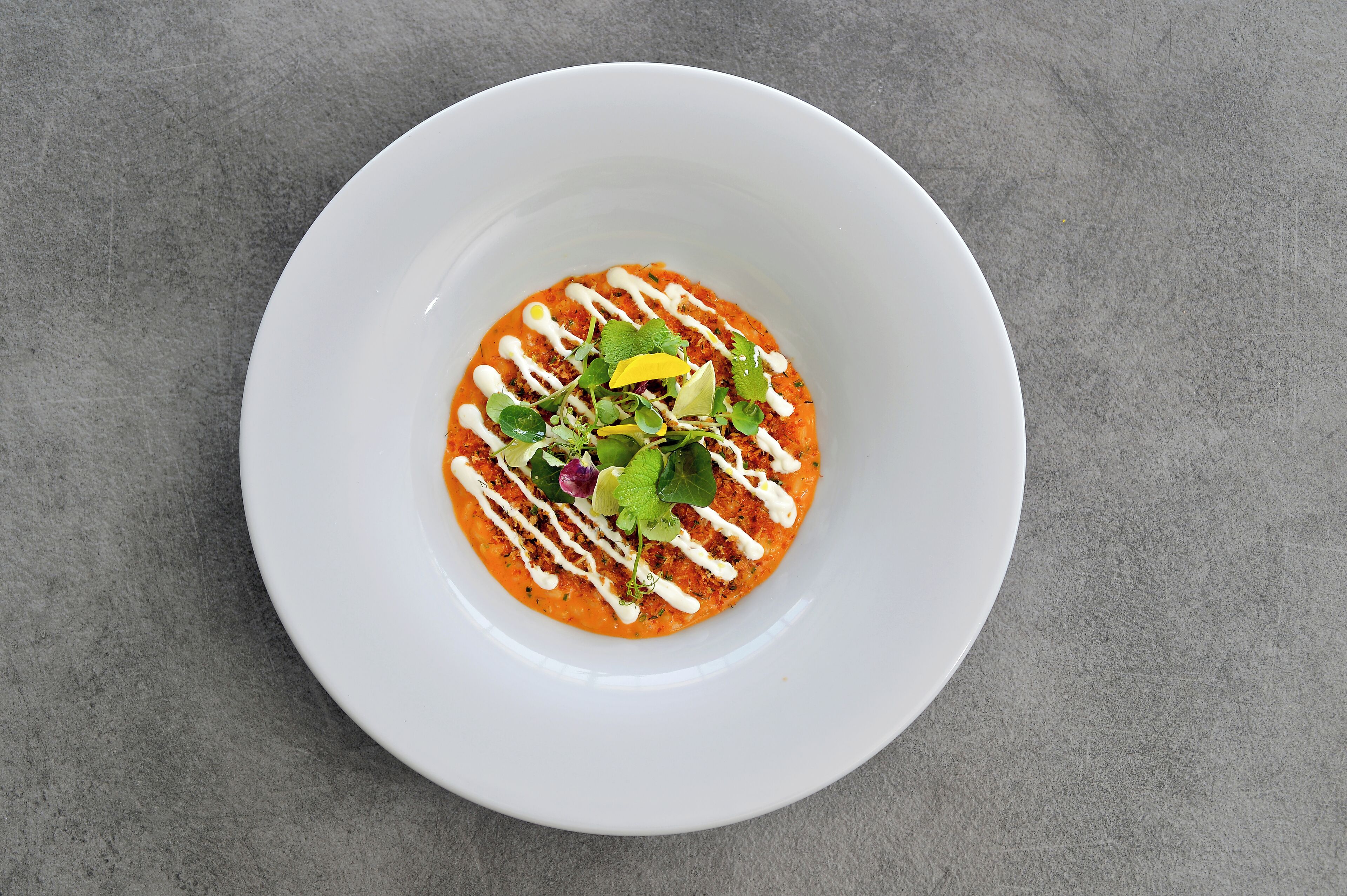 A white plate with a red sauce dish, garnished with herbs and a drizzle of white sauce.