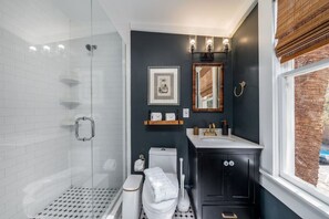 A modern bathroom with a glass shower enclosure, a toilet, a sink, and a vanity with a mirror.