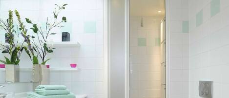 Shower, hair dryer, bidet, towels