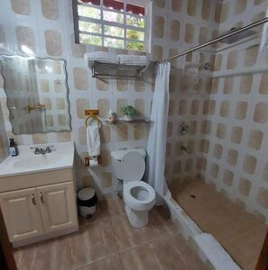 Ducha, secador de pelo, toallas y jabón