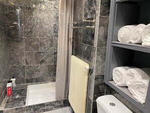 Dusche, Haartrockner, Handtücher, Seife