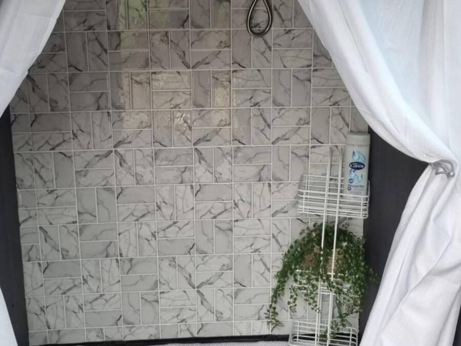 A bathroom with a shower, tiled walls, and a plant.