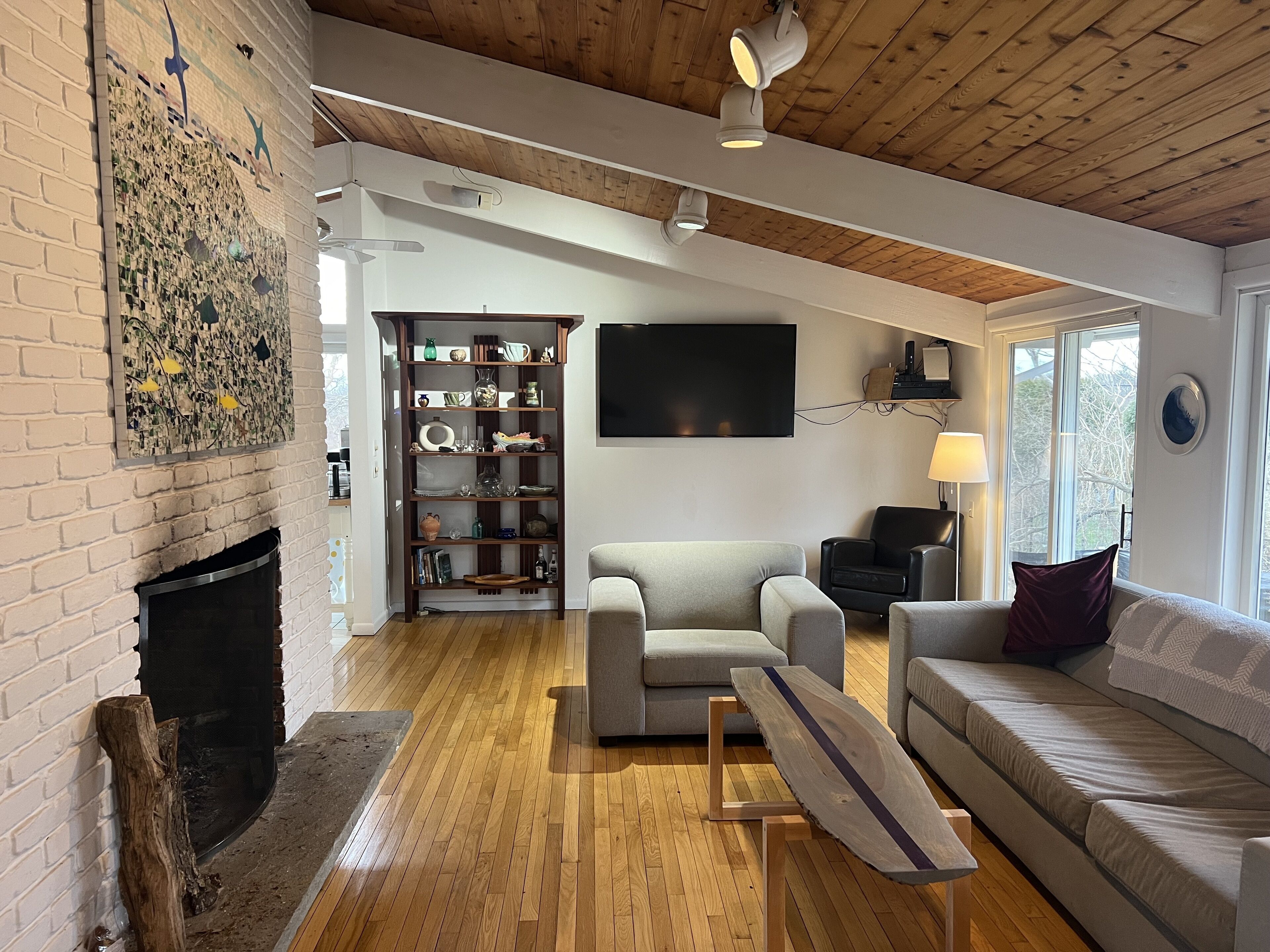 Smart TV, fireplace, books, stereo