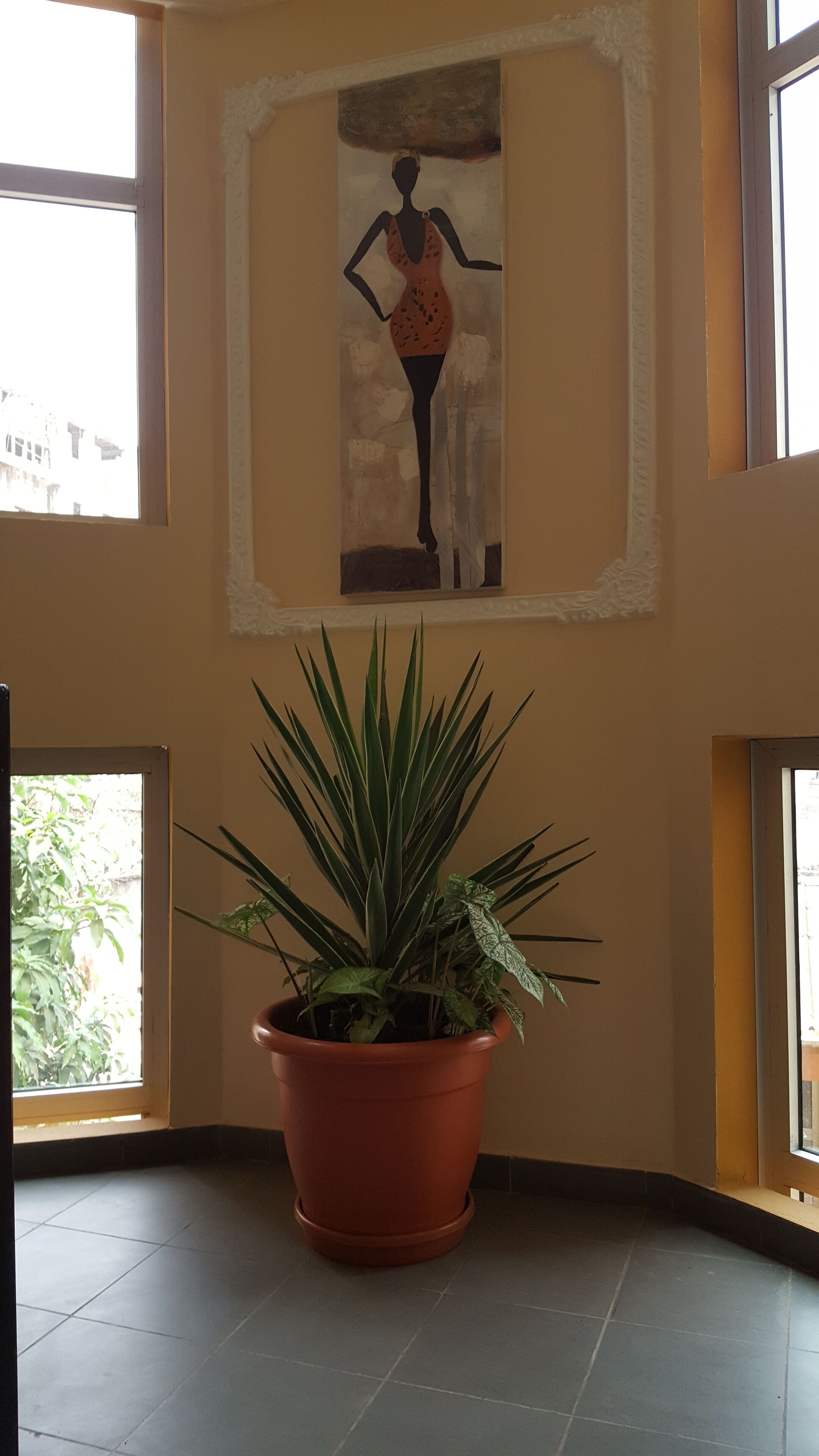 Una planta en maceta en una esquina de una habitación, con un ventanal grande y un cuadro en la pared.