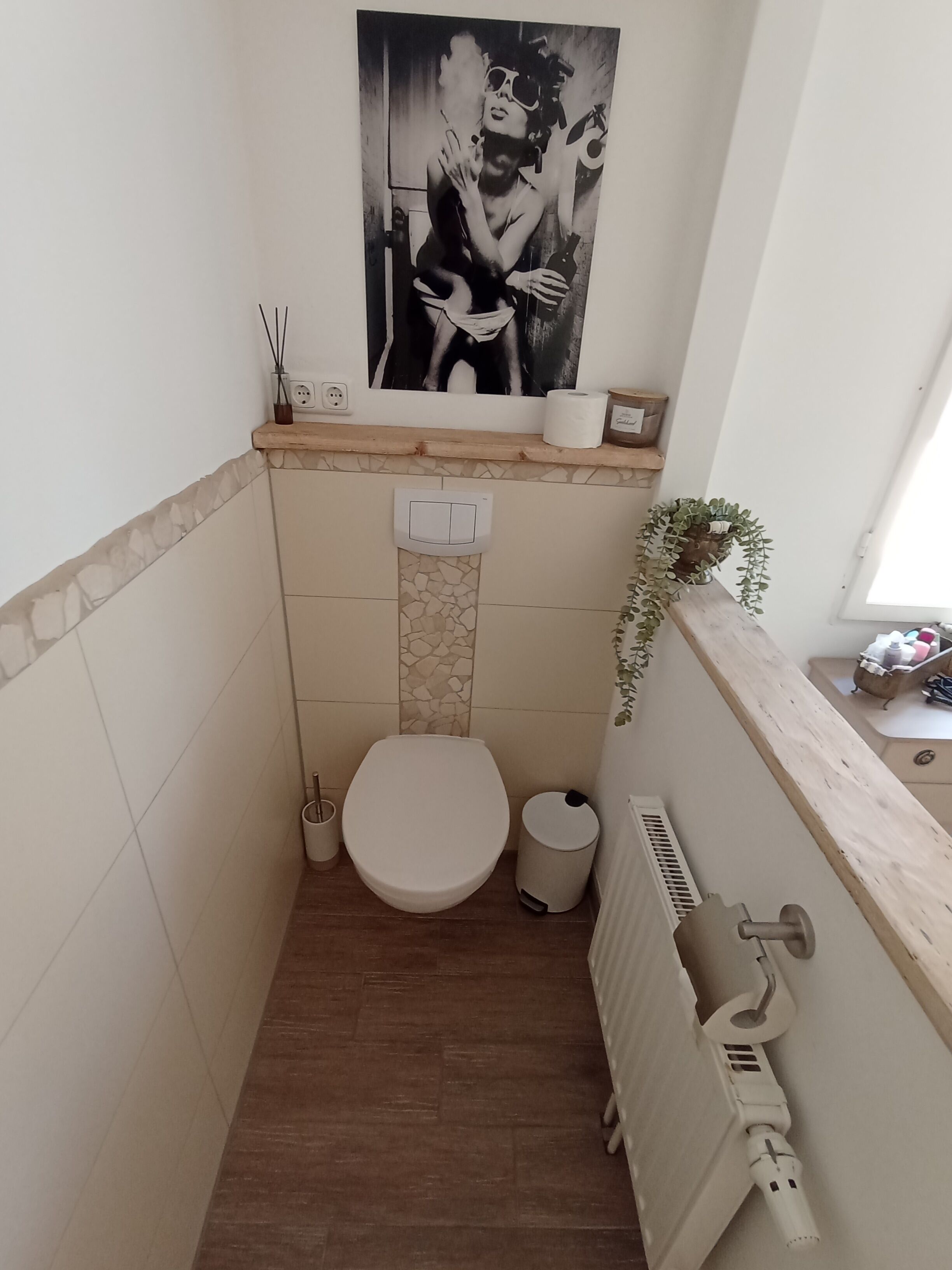 Een kleine badkamer met toilet, een prullenbak, een radiator en een lichtschakelaar aan de muur.