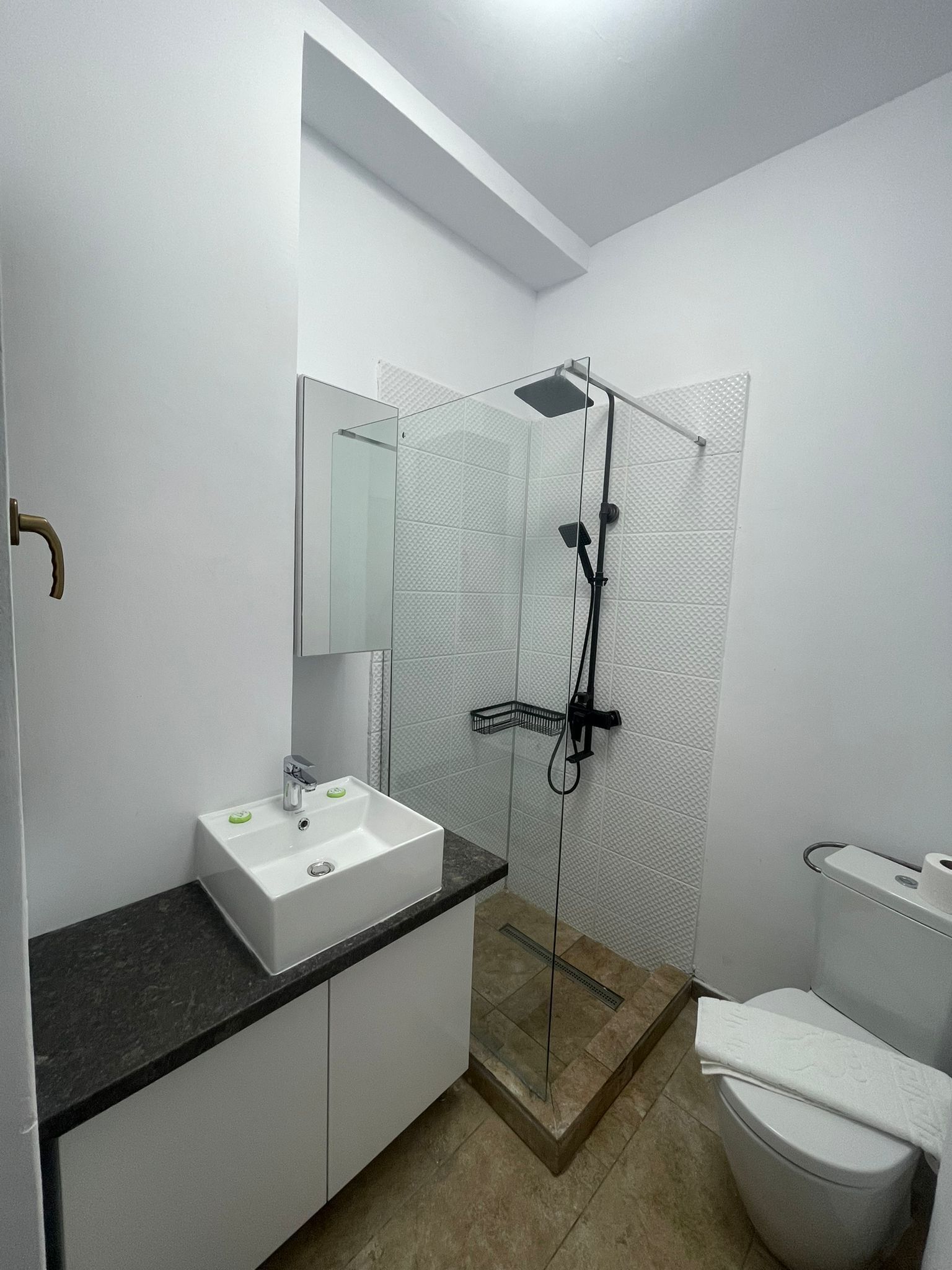 Un baño moderno con lavamanos, espejo y retrete blancos, y zona de ducha con mampara de vidrio.